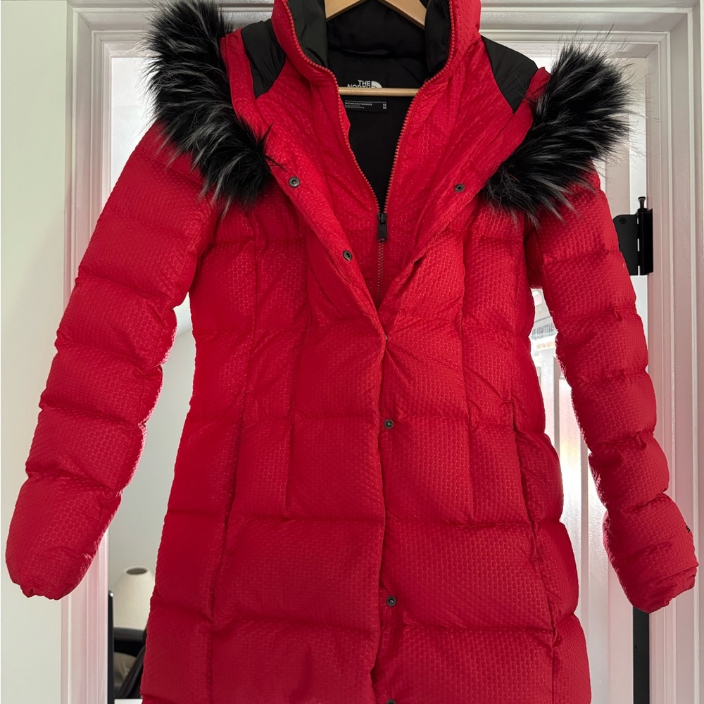 The North Face Red and Black Puffer Jacket with Faux Fur Hood
